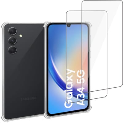 Geschikt voor Samsung A34 Hoesje + 2x Screenprotector – Gehard Glas Cover + Shock Proof Case – Transparant