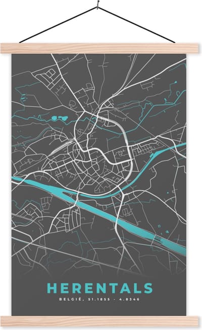 Posterhanger incl. Poster 40x60 cm - Schoolplaat - Stadskaart – Grijs - Kaart – Herentals – België – Plattegrond - Textielposter - Blanke latten - Stadskaart
