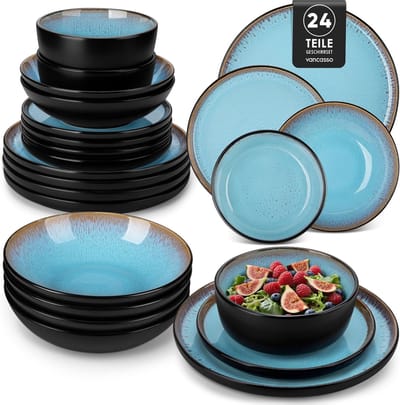 Luxe Serviesset – 24 delig – 6 persoons – Steengoed - Bordenset – Dinner platen – Dessertborden - Kommen - Pastabord - Blauw
