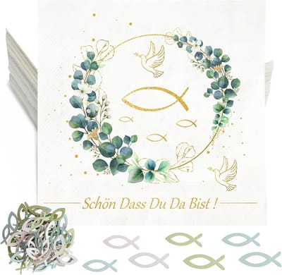 Dailygoods- Doopservetten 36 stuks eucalyptusvissen - 3-laags papieren servetten - Tafeldecoratie communie - Houten vissen decoratie - Bevestigingsservetten - 33x33cm - Communieservetten