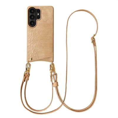Selencia Hoesje - Geschikt voor Samsung Galaxy S26 Ultra - Croco Backcover met koord en pashouder - Toasted Almond