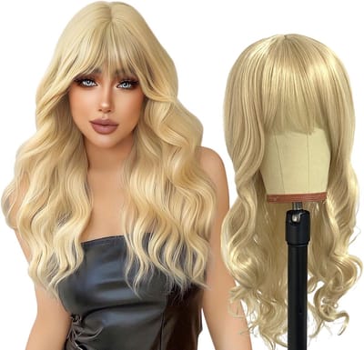 Lange golvende blonde pruik met pony Geschikt voor vrouwen, 68 cm lang krullend volledig haar, golvend, hittebestendig, cosplay, kostuum, charmante pruik Geschikt voor dagelijks gebruik (blond)