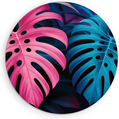 Saammp Muurcirkel Hout - Roze Blauwe Bladeren - Landschap - Natuur - Ø 90 - Wandcirkel - Wanddecoratie Cirkel - Muurdecoratie Woonkamer - Slaapkamer decoratie - Rond Schilderij