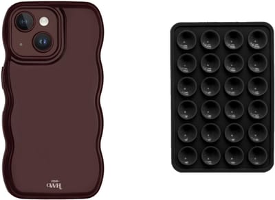 xoxo Wildhearts Telefoonhoesje Glossy Wavy Case Burgundy + Telefoonsticker Stick On Me Square Zwart – geschikt voor iPhone 15 Plus