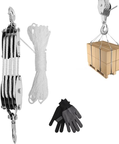 Pulley voor lifting - 2000kg pulley met 20m lange nylon touw - handmatige pulley met een paar handschoenen voor het tillen van zware industriële en bouwlocaties