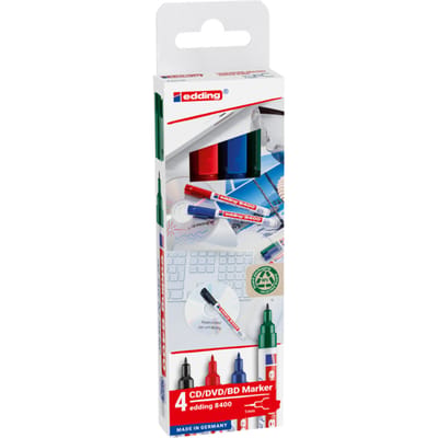 edding 8400 CD/DVD/BD marker set met 4 kleuren - zwart, rood, blauw, groen - ronde punt 0,5-1 mm - permanente inkt - veilig voor uw opgeslagen gegevens