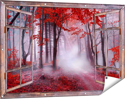 Gards Tuinposter Doorkijk Rood Bos met Bomen - 120x80 cm - Tuindoek - Tuindecoratie - Wanddecoratie buiten - Tuinschilderij