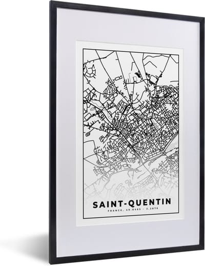 Fotolijst incl. Poster Zwart Wit- Stadskaart - Saint-Quentin - Plattegrond - Kaart - Frankrijk - Zwart wit - 40x60 cm - Posterlijst