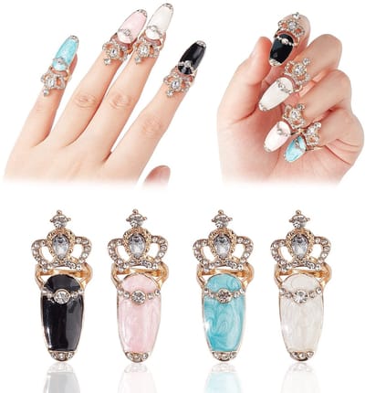 Dailygoods- Nagelringen 4 Stuks - Kroon/Ringenset - Punk Legering - Verstelbare Strass - Nageldecoratie - Geschikt voor Vrouwen en Meisjes - Vingertopringen