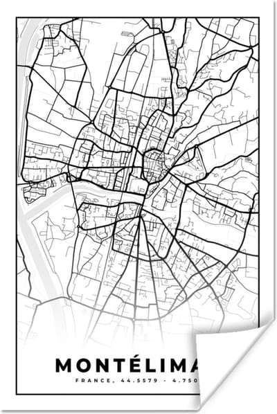 Poster Frankrijk – Plattegrond – Stadskaart – Montélimar - Kaart - Zwart wit - 120x180 cm XXL