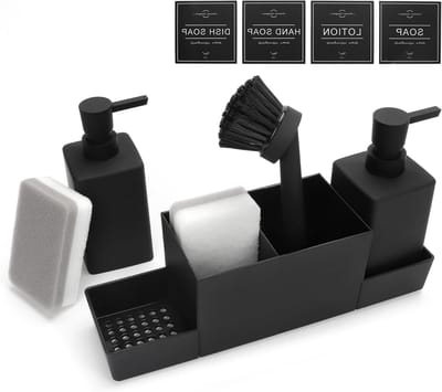 Keukenafwasmiddel dispenser met sponshouder, borstel en spoelmiddel, zwart - Perfecte set voor een georganiseerde afwasplek