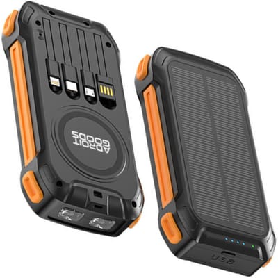 AdroitGoods 20000mAh Solar Powerbank met Geïntegreerde Kabels - 22.5W Fast Charge Outdoor Energiestation - Outdoor, Kamperen & Noodpakket - Oranje
