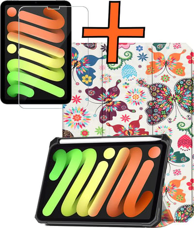 Hoesje - Geschikt voor Apple iPad Mini 7 (2024) - 8.3 inch - 7e Generatie - Met Screenprotector - Trifold Bookcase - Hard Cover Case - Met Uitsparing Geschikt voor Apple Pencil - Hardcover Book - Tablet Hoes - Vlinders