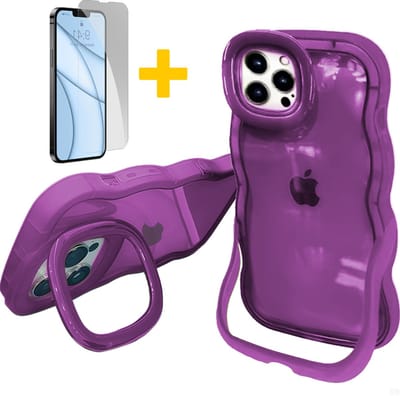 Hoesje voor iPhone 15, Dubbele Standaards Case, Wavy TPU Hose met Golfrand, Schattige Schokbestendige Hose voor Vrouwen-Transparant Design, Paars - Screenprotector