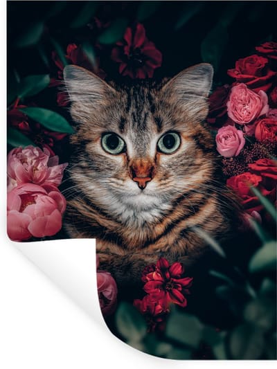 Muurstickers - Sticker Folie - Kat - Bloemen - Dieren - Botanisch - 30x40 cm - Plakfolie - Muurstickers Kinderkamer - Zelfklevend Behang - Zelfklevend behangpapier - Stickerfolie