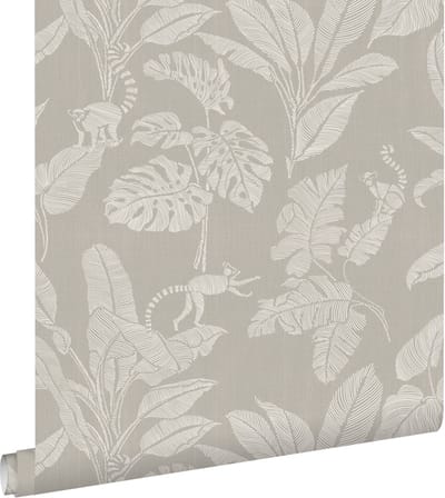 ESTAhome behang apen en jungle bladeren warm grijs - 50 x 900 cm - 139862
