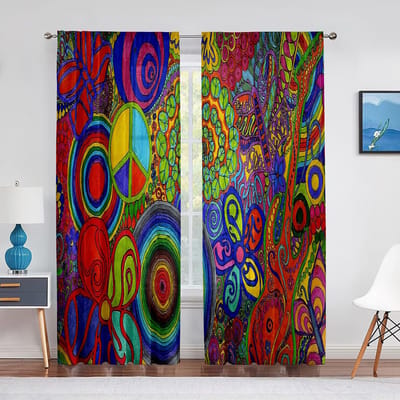 Bloemen Vredesteken Zomer Lente Bloei Psychedelische Tule Gordijnen voor Woonkamer Slaapkamer Chiffon Transparant Keukenvorhang 1 PCS W100XH250cm&Grommet Top