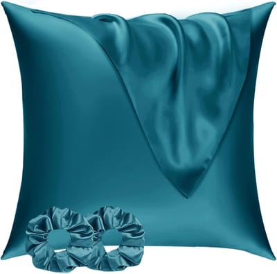 Famanu - Satijnen kussenslopen 80x80 cm turkoois set 2, zijdeachtig zacht voor haar en huid, envelopsluiting met 2 haarbandjes