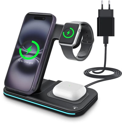 Draadloos Oplaadstation voor Smartphone, Smart Watch en Oordopjes van MMOBIEL – 3-in-1 Draadloze Oplader 15W – Snellader - Inclusief 20W Adapter - Zwart