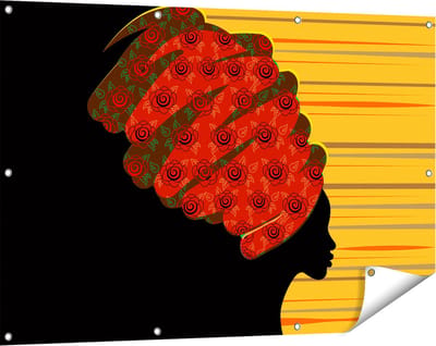 Gards Tuinposter Afrikaanse Vrouw met Bloemen Tulband - Abstract - 120x80 cm - Tuindoek - Tuindecoratie - Wanddecoratie buiten - Tuinschilderij