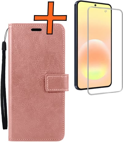 Hoes - Met Screenprotector - Geschikt voor Samsung Galaxy A57 - Luxe Pasjeshouder - Bookcase Portemonee - Flip Case - Kunstleer Book Case - Flipcase - Book Cover - Walletcase - PortemonneeHoes - Rosé goud