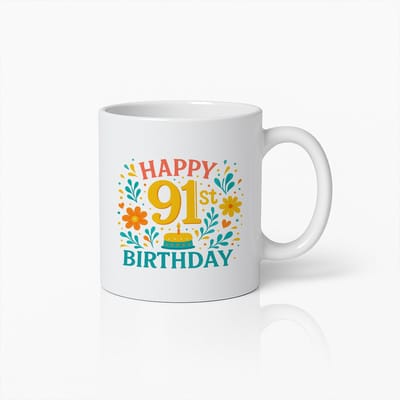 Gelukkige 91ste Verjaardag 330ml Koffiemok met Kleurrijk Bloemmotief - Perfect Cadeau voor Ouderen