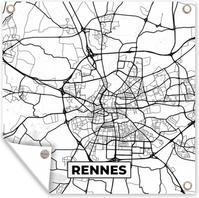 Tuin poster Kaart - Stadskaart - Rennes - Frankrijk - Plattegrond - Zwart wit - 200x200 cm - Tuindoek