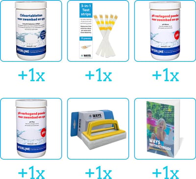Zwembad Onderhoudspakket - Onderhoud Zwembad - bevat Chloor - Testrips - PH-min - PH-plus - Scrubborstel en Zwembadgids (6-delig)