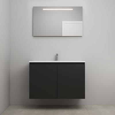 On-Line Badkamermeubelset - 100 cm - Bouwpakket - Greeploos 2 Deuren - Acryl Wastafel - 1 Kraangat - Spiegel met LED-Verlichting - Mat Zwart
