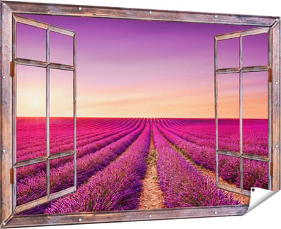 Gards Tuinposter Doorkijk Paarse Lavendel Bloemenveld - 180x120 cm - Tuindoek - Tuindecoratie - Wanddecoratie buiten - Tuinschilderij