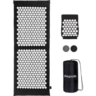 LifeGoods Acupressuur Mat XL - 128x48x2cm - Spijkermat met Kussen - Accupunctuur mat - Spijkerbed Incl. 2x Triggerpoint Bal - Zwart/Wit