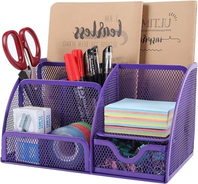 Mesh Bureau Organizer met Lade en Penhouder - Paarse Bureau Accessoire voor Briefpapier Organisatie