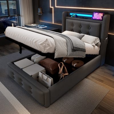 MODFU Bedframe 90x200 cm – grijs katoen-linnen – met LED, USB-C, stopcontacten en gasveer