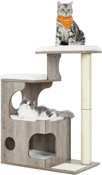 Feandrea - Krabpaal - Houten Krabpaal voor Katten - Met Huisje en Ligplatforms - Wasbare Pluche Kussens