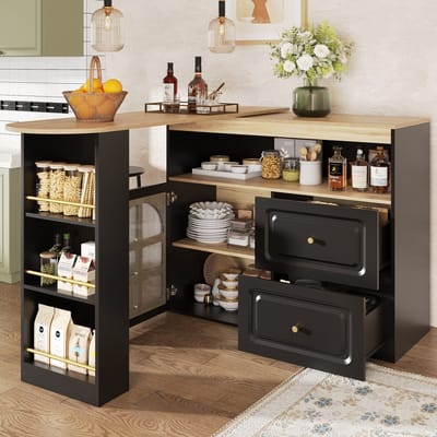 MODENUIT Dressoir - 360° Draaibaar Met 2 Laden En Zijrek - Voor Woonkamer En Hal - MDF - Zwart - 138-204x39x104 Cm