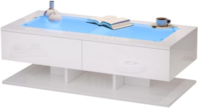 Salontafel 100x50x35cm Hoogglans Wit Woonkamer Tafel Met Laden LED Verlichting Glazen Blad