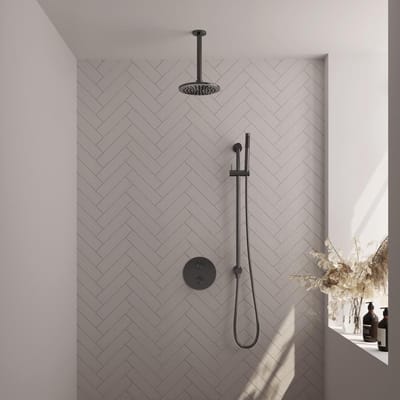 Brauer Gunmetal Edition thermostatische inbouw regendouche 3-weg rond SET 89 met 20 cm douchekop en plafondarm en staaf handdouche en doucheslang en geïntegreerde glijstang gunmetal geborsteld PVD