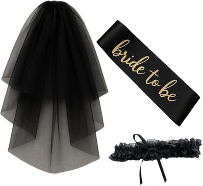 Dailygoods- Vrijgezellenaccessoires Elegante Set - Dubbellaagse Sluier - Satijnen Sjerp - Kanten Kousenband - Decoratieset - Stijlvol Feest - Bruidset