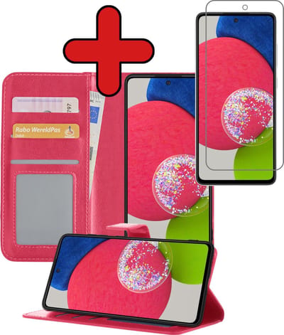 Hoesje - Met Screenprotector - Geschikt voor Samsung Galaxy A52s 5G - Luxe Pasjeshouder - Flipcase - Bookcase Portemonee - Flip Case - Kunstleer Book Case - Book Cover - Walletcase - Portemonneehoes - Telefoonhoes - Donkerroze