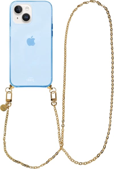 xoxo Wildhearts silicone case met koord - Blauw telefoonhoesje met koord - telefoonketting - Dreamy - long - Cord Case - geschikt voor Apple iPhone 13 - Lange gouden ketting