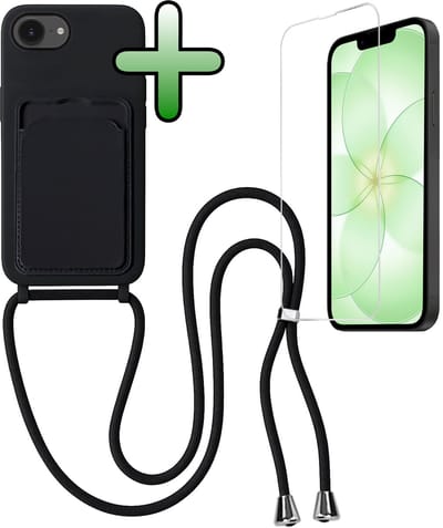 Hoes Geschikt voor iPhone 17e Hoesje Met Koord Met Screenprotector - Telefoonhoesje Geschikt voor iPhone 17e Backcover Met Afneembaar Koord - Zwart