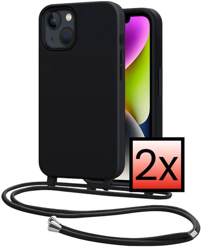 Hoes Geschikt voor iPhone 13 Mini Met Telefoonkoord - Siliconen Hoesje Backcover Met Ketting - Zwart - 2 PACK