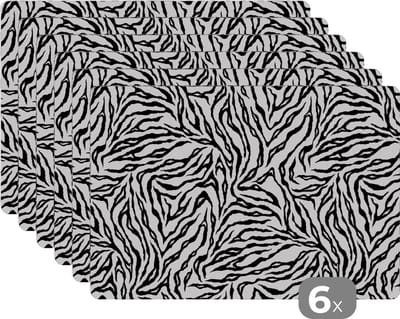 Placemat - Placemats kunststof - Tijgerprint - Zwart - Wit - Dieren - Patronen - 45x30 cm - 6 stuks - Hittebestendig - Anti-Slip - Onderlegger - Afneembaar