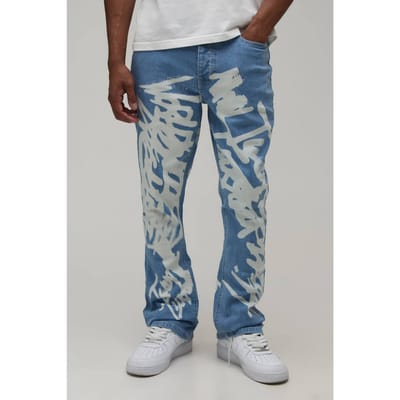 Gestapelde Jeans Met Graffiti Print En Uitlopende Pijpen | Light Blue | Size 28R