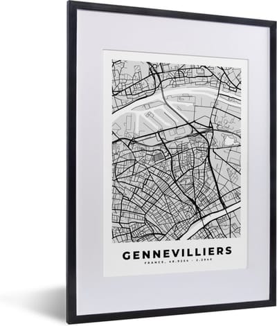 Fotolijst incl. Poster - Plattegrond – Kaart – Stadskaart – Frankrijk – Gennevilliers - 30x40 cm - Posterlijst