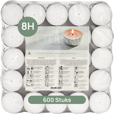 Eternal™ Voordeelverpakking - Theelichtjes - 600 Stuks - Waxinelichtjes - 8 branduren - Wit - Duurzamere Theelichten