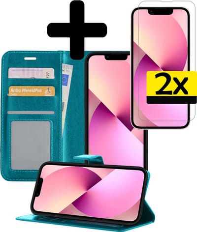 Hoesje - Met 2x Screenprotector - Geschikt voor Apple iPhone 14 - Luxe Pasjeshouder - Bookcase Portemonee - Flip Case - Kunstleer Book Case - Flipcase Hoes - Book Cover - Walletcase - Portemonneehoes - Telefoonhoesjes - Turquoise