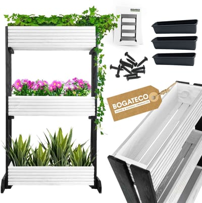 BOGATECO | Set van 3 bloempotten op standaard | Set van 3 bloempot plantenbakken 64x20cm | Houten bloempotten voor tomaten en bloemen, plantenbak voor tuinbalkon | 120cm hoog | Wit