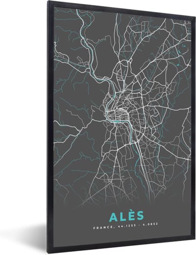 Fotolijst incl. Poster - Alès - Plattegrond - Kaart - Stadskaart - Frankrijk - 40x60 cm - Posterlijst
