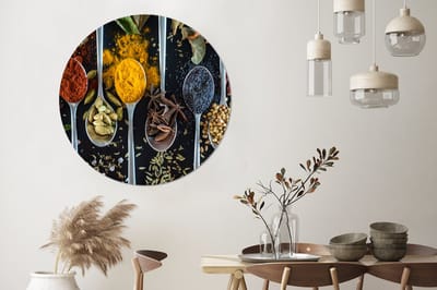 WallCircle® Wandcirkel 150x150 cm - Muurcirkel Kruiden - Lepel - Specerijen - Zwart - Keuken - Muurdecoratie woonkamer - Wanddecoratie slaapkamer - Kamer decoratie accessoires - Ronde schilderijen